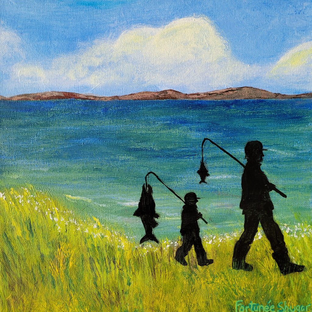 Painting of a man and a little boy fishing